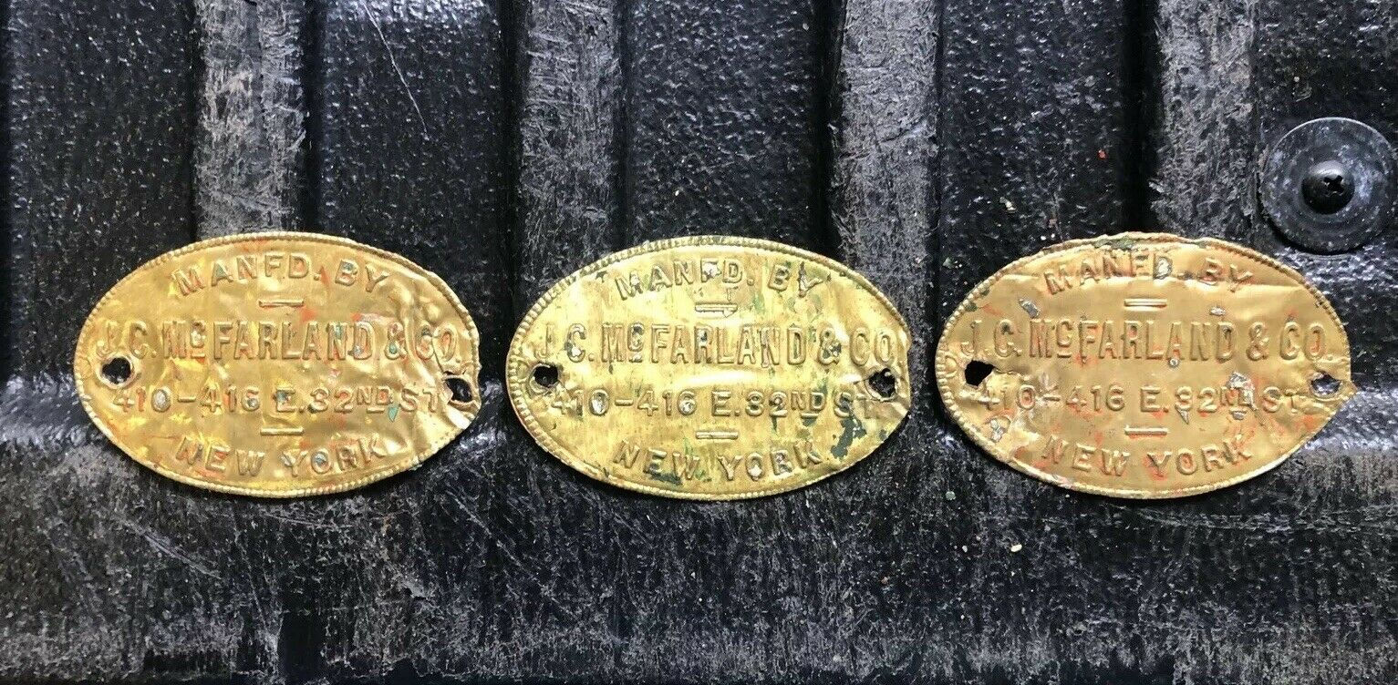 VTG JC McFarland Brass Fire Door Tag Antique Industrial Sign Steampunk NY CITY