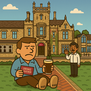 A cartoon-style illustration featuring Nigel Slippers standing outside the Mercure Bradford hotel, looking confused. Behind him: a stack of bedding pallets, a dry fountain, a creepy horse painting hanging skewed on a wall, and a rusty brown lift with a flickering light. A “Prayer Room” sign is taped to a window, and a haunted-looking kettle floats ominously in the background. Nigel clutches a Corby trouser press under one arm and a half-poured Guinness in the other.