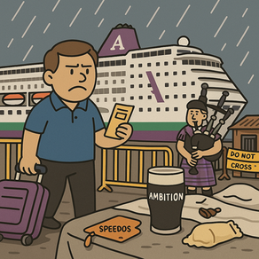 Cartoon-style illustration of a rainy cruise terminal scene. Elderly passengers queue with walkers, a bagpiper plays near a rusted shed, and a ship named Ambition looms in the mist. Nigel Slippers stands in Speedos beside a “Sun Deck Closed” sign, while high-vis staff mop a flooded deck behind crime scene tape. A tin of Guinness sits sadly next to a Fosters glass.