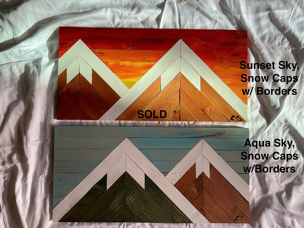 Thumbnail: Wooden mountain art with Sunset Sky Snow Caps w/ Borders and Aqua Sky.