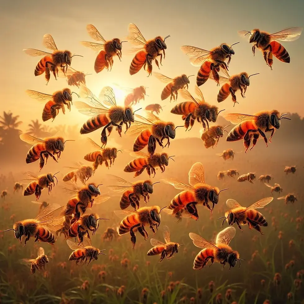 The bees are flying through the air