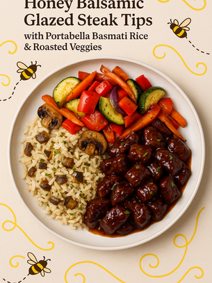 Honey Balsamic Glazed Steak Tips with Portabella Basmati Rice & Roasted Veggies