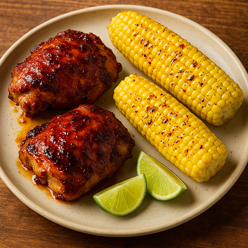 Sweet and smoky honey BBQ chicken with grilled corn brushed in spicy honey-chili butter.