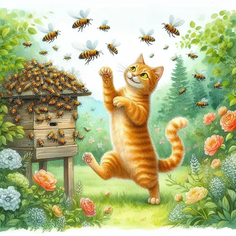A cat playing with the bees