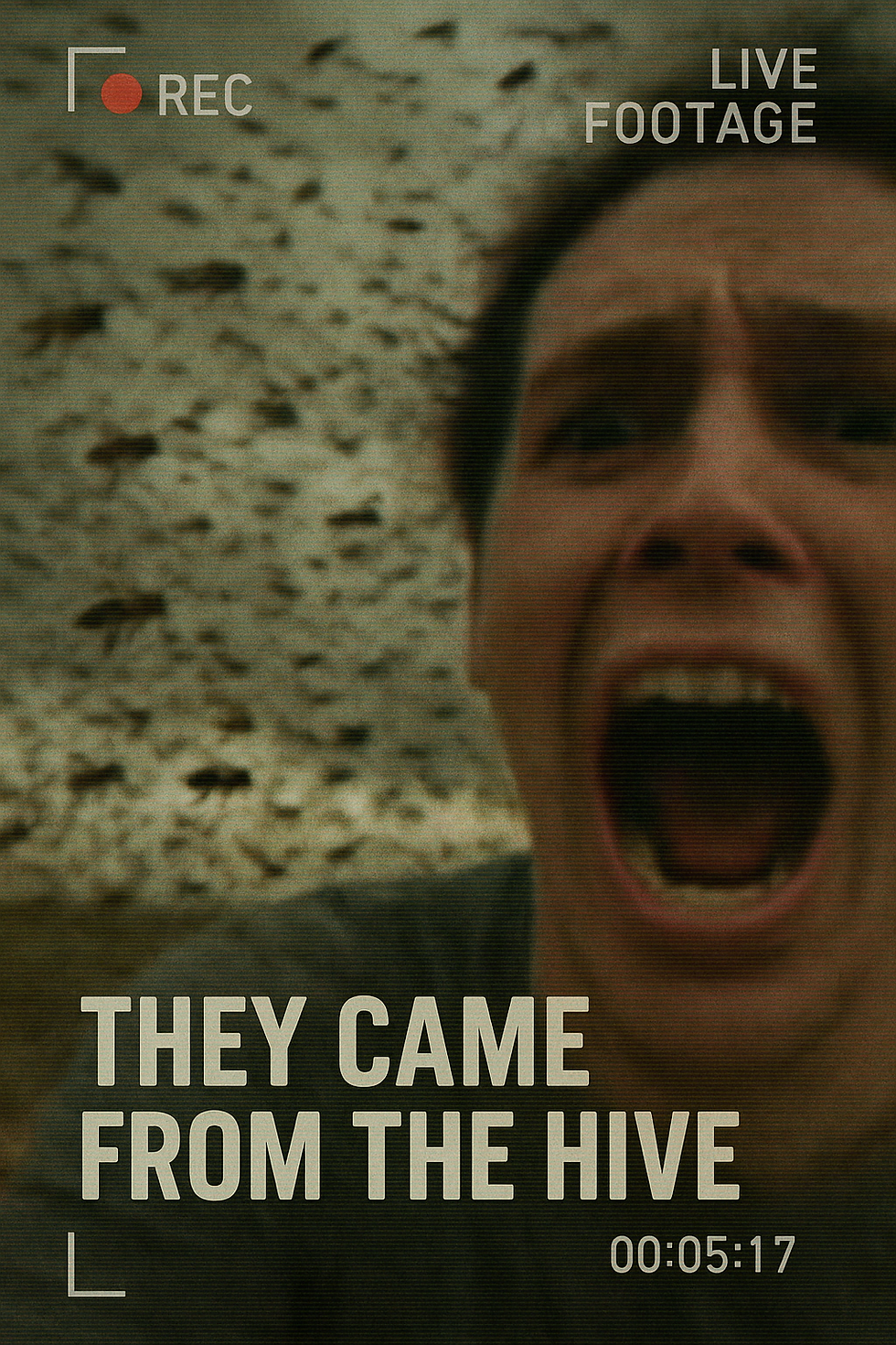Close-up of a person's terrified face amid a swarm of bees. Text reads "They Came From the Hive."