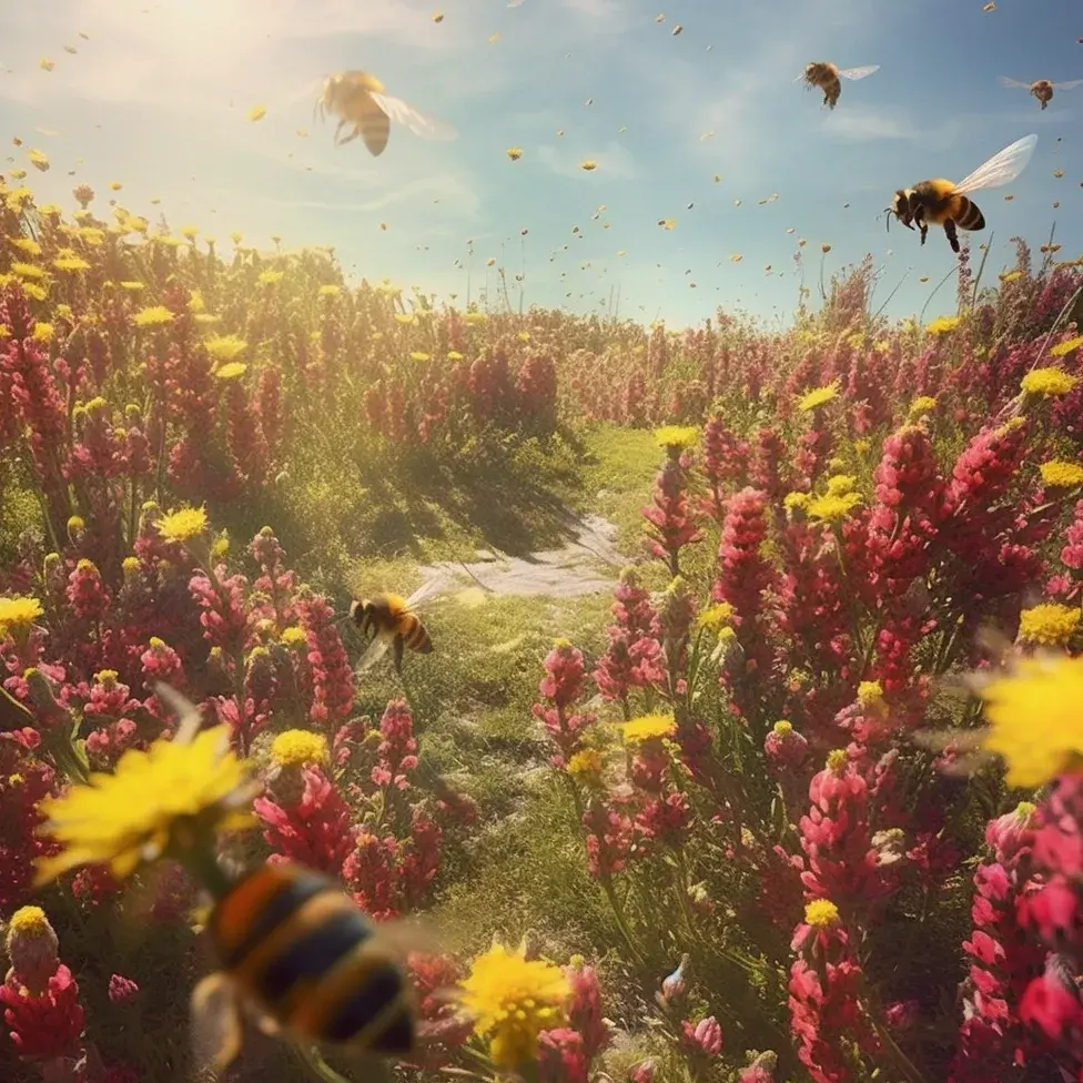 Bees flying in a wildflower patch