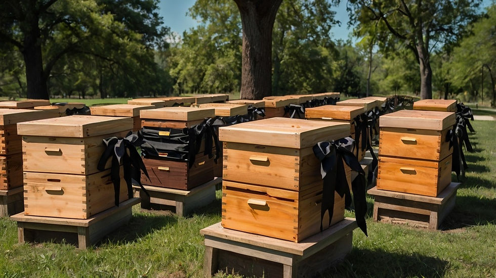 Beehives draped in black cloth to announce a death.
