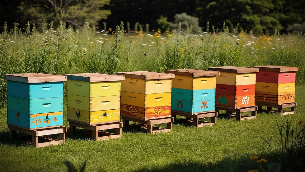 A row of colored bee hives