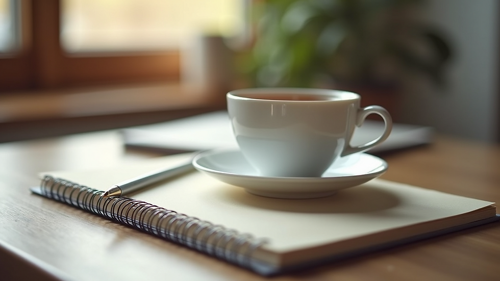 Eye-level view of a serene workspace with a journal and a cup of tea