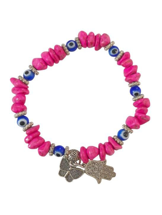 Pulsera Ojo Turco Con Dije Mano Hamsa y Mariposa - Fucsia
