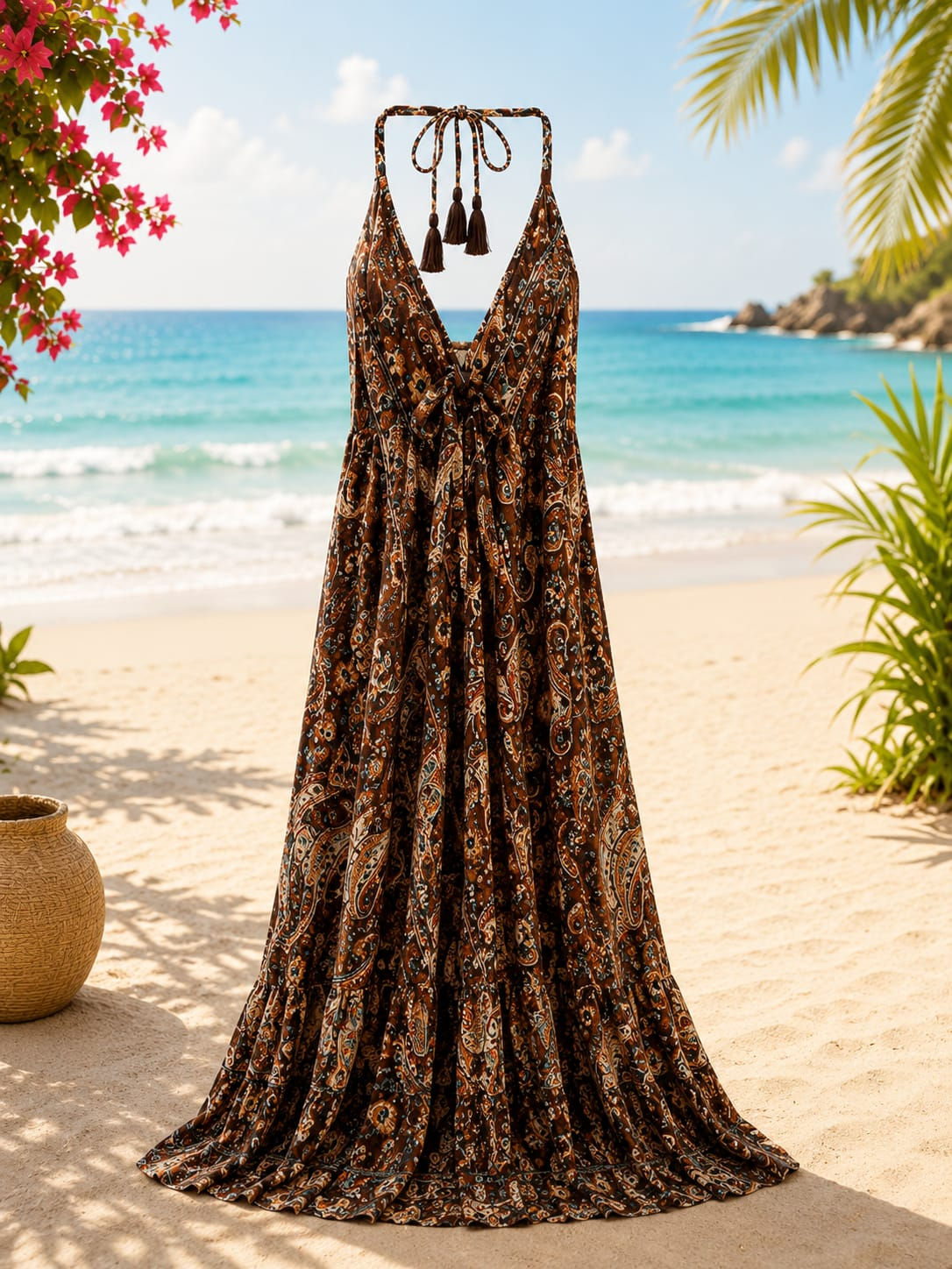 VESTIDO EN SEDA CAFÉ FLORES