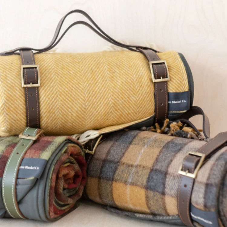 Thumbnail: Recycled Wool Waterproof Picnic Blanket in Mustard Herringbone