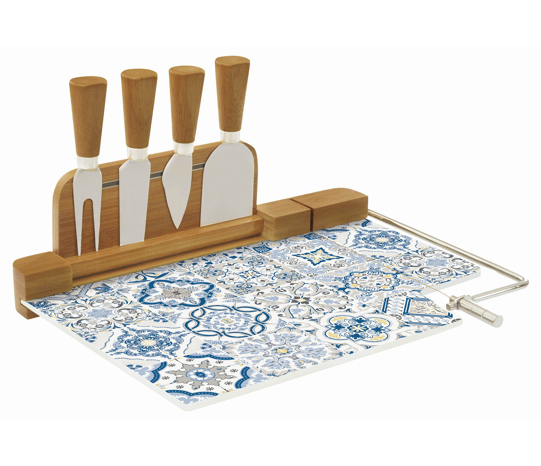 Cheese Board with Wire Cutter & Four Knives