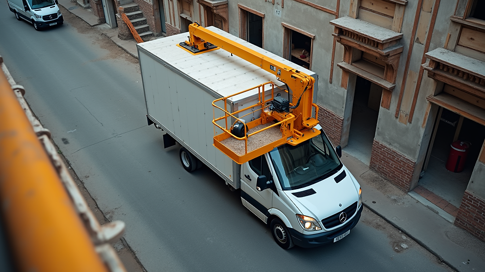 High angle view of a van-mounted cherry picker being operated on a construction site