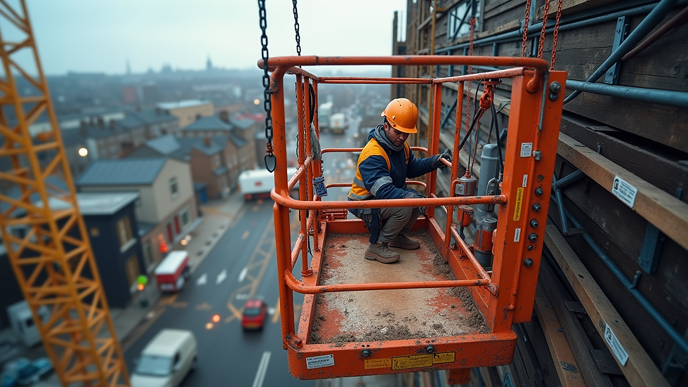 High angle view of a scissor lift operating on a construction site in Edinburgh