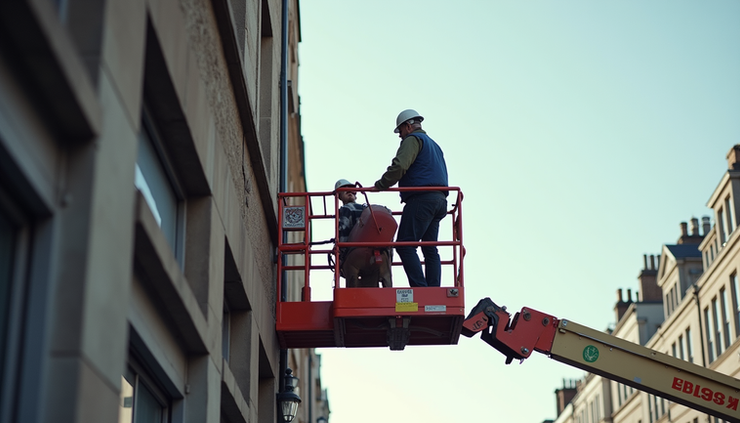 Eye-level view of a cherry picker lifting a worker to a building facade in Central Scotland