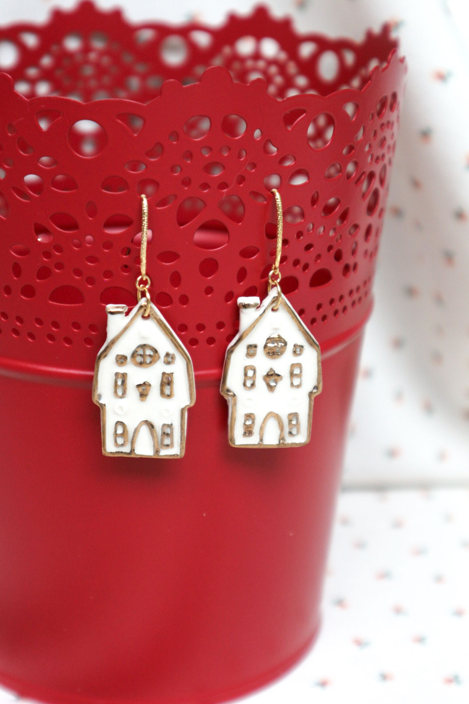 White and gold house dangles