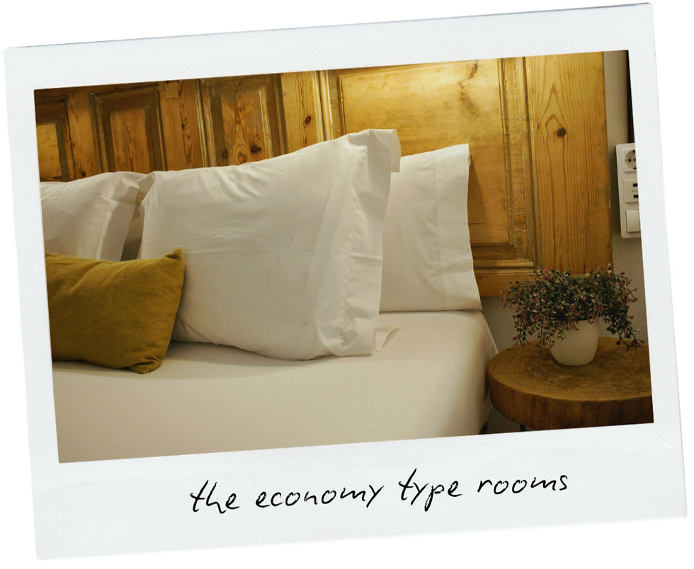 Cozy bedroom with white pillows, mustard cushion, wooden headboard, and a small plant on a round table. Text reads "the economy type rooms".