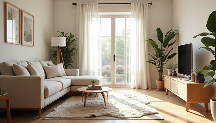 Eye-level view of a clean and organized living room with sunlight streaming through windows