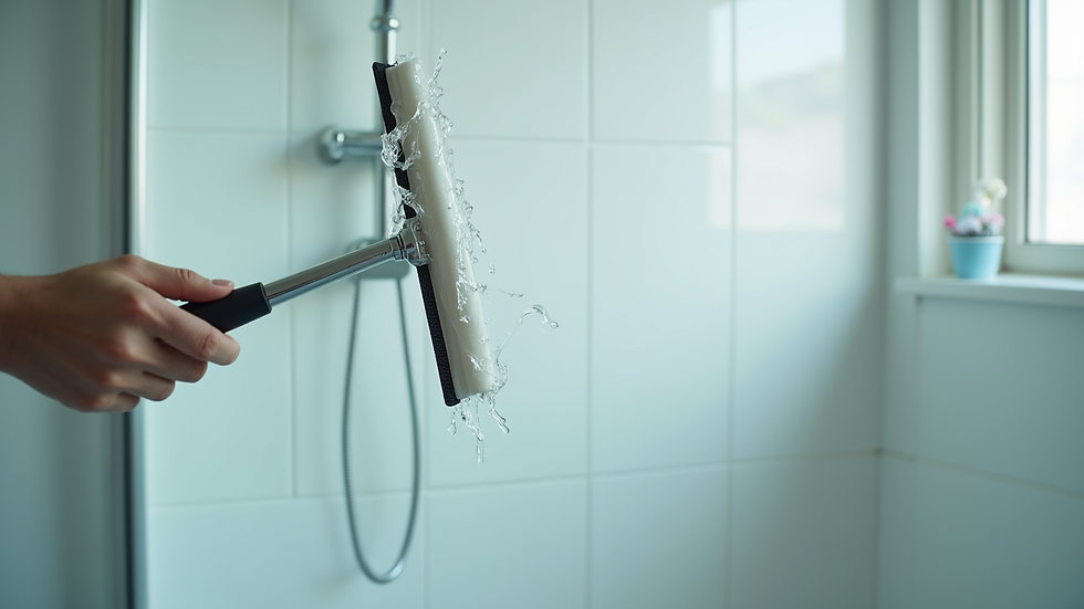 Eye-level view of clean glass shower door with squeegee