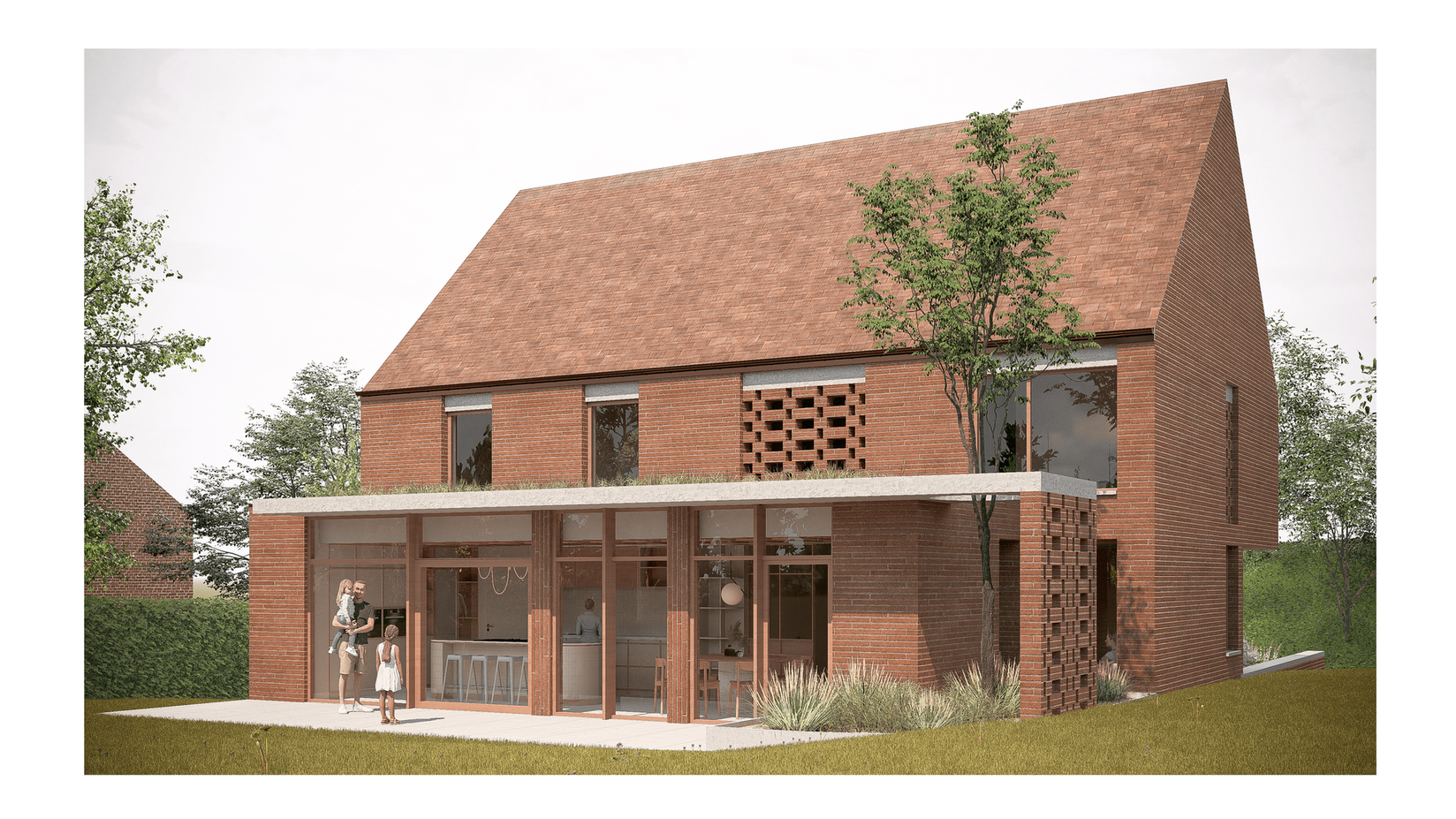 Cette maison unifamiliale s’inscrit dans un environnement verdoyant en lotissement, avec une architecture à la fois contemporaine et intemporelle. Le volume principal à double versant, habillé de briques rouges, dialogue harmonieusement avec l’environnement bâti existant.
L’extension en toiture plate au rez-de-chaussée, largement vitrée, crée une transition fluide entre les espaces de vie intérieurs et le jardin. Des éléments de briques ajourées apportent de la texture et assurent une ventilation naturelle, tout en renforçant le caractère architectural du projet.
La conception privilégie la simplicité des lignes, la fonctionnalité et la qualité des matériaux pour une maison durable, lumineuse et chaleureuse.