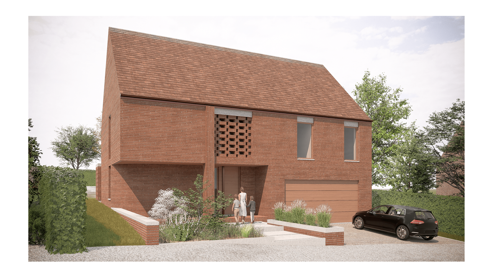 Cette maison unifamiliale s’inscrit dans un environnement verdoyant en lotissement, avec une architecture à la fois contemporaine et intemporelle. Le volume principal à double versant, habillé de briques rouges, dialogue harmonieusement avec l’environnement bâti existant.
L’extension en toiture plate au rez-de-chaussée, largement vitrée, crée une transition fluide entre les espaces de vie intérieurs et le jardin. Des éléments de briques ajourées apportent de la texture et assurent une ventilation naturelle, tout en renforçant le caractère architectural du projet.
La conception privilégie la simplicité des lignes, la fonctionnalité et la qualité des matériaux pour une maison durable, lumineuse et chaleureuse.