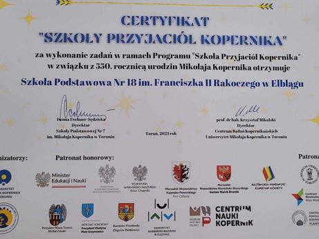 CERTYFIKAT "SZKOŁY PRZYJACIÓŁ KOPERNIKA"