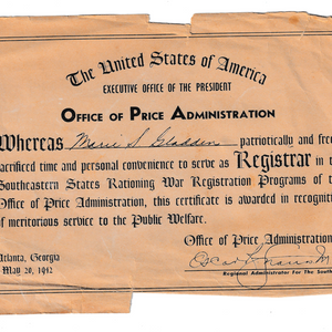 1942 Office of Price Administration Registrar Certificate 