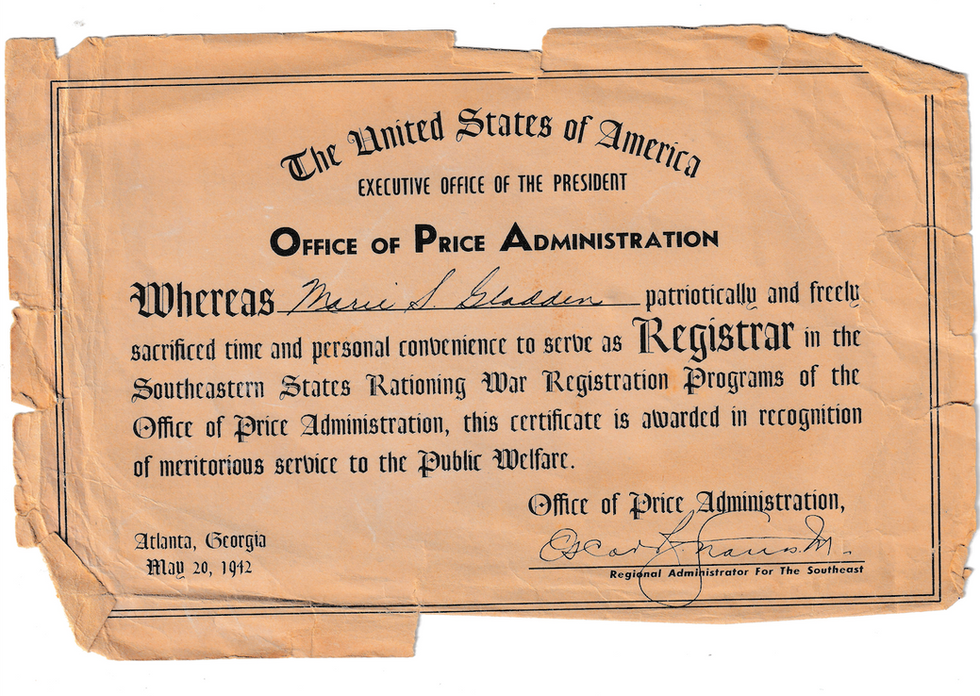 1942 Office of Price Administration Registrar Certificate