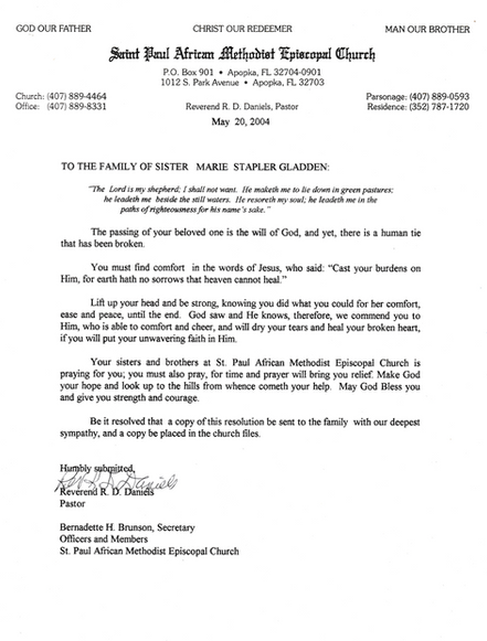 2004 St. Paul A.M.E. Church Resolution for Marie Stapler Gladden