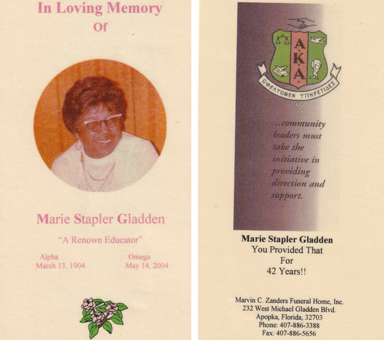 Alpha Kappa Alpha (AKA) Sorority Memorial Card for Marie Stapler Gladden