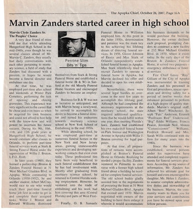 2007 "Marvin Zanders started career in high school," The Apopka Chief