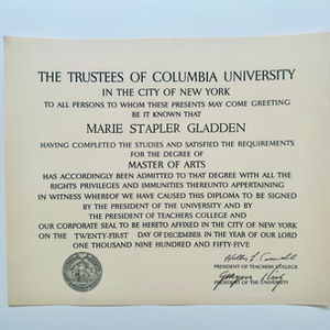 Marie Stapler Gladden's 1955 Columbia University Master of Arts Diploma