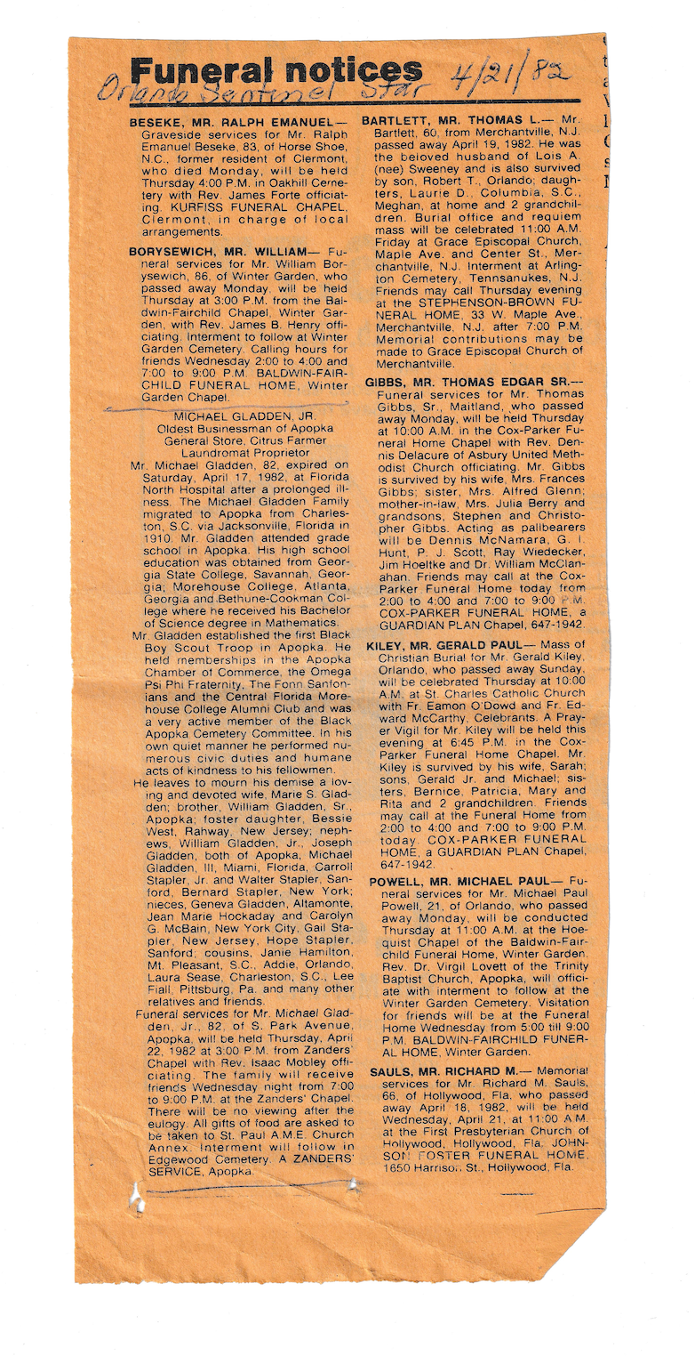 1982 Orlando Sentinel Star Funeral Notices Clipping