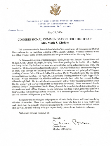 2004 Congressional Commendation for the Life of Mrs. Marie S. Gladden