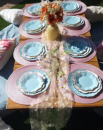 Daisy themed picnic with daisy runner, soft blues, pinks, and pops of color