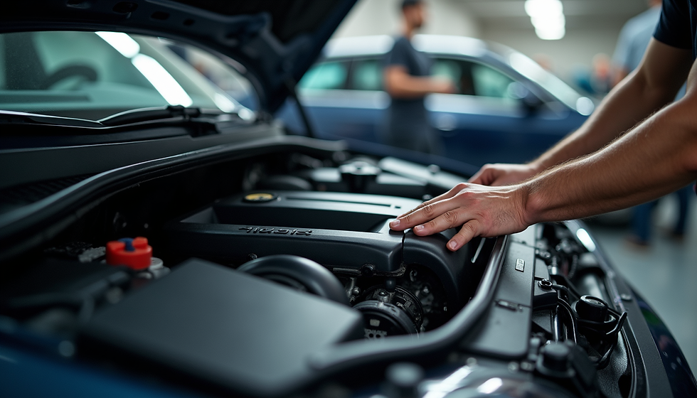 Eye-level view of a car engine being inspected during a service