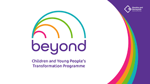 beyond in purple with a rainbow style graphic at the top in multicolours