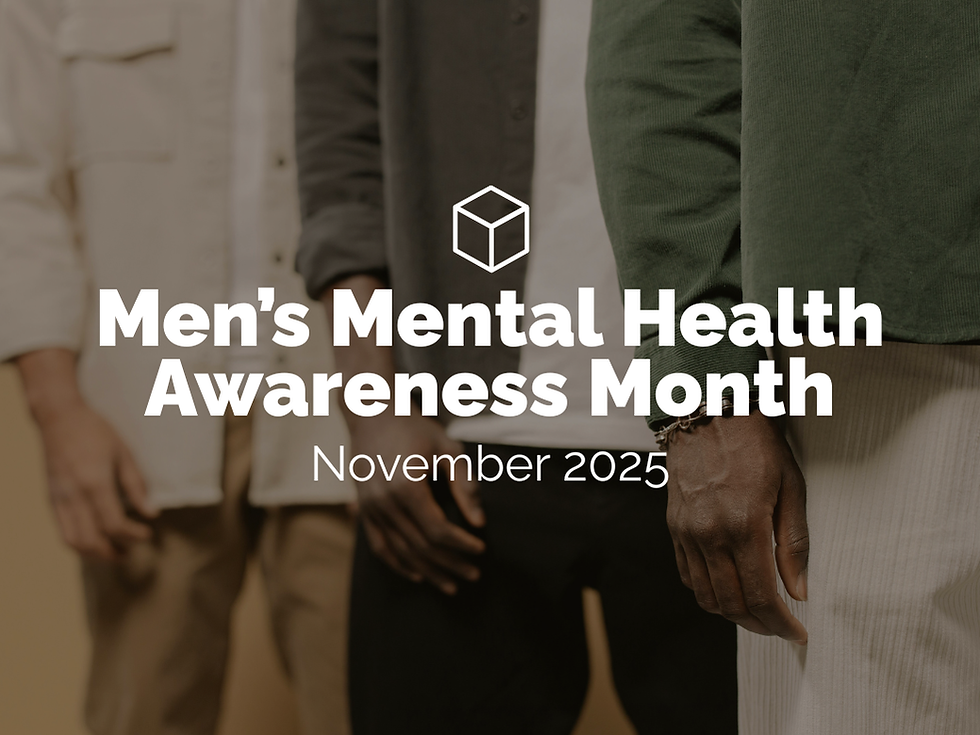 Three men stood in a line, with men's mental health awareness month november 2025