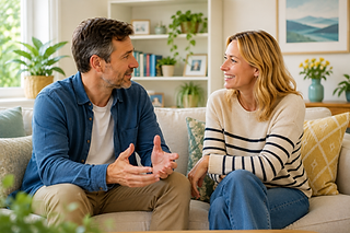 A man and a woman are stting next to each other talking. They look happy.