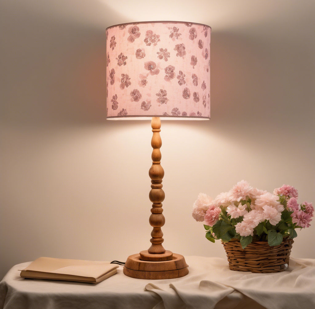 An illuminated rustic lamp with a wooden stem and a large shade of pale pink and white do