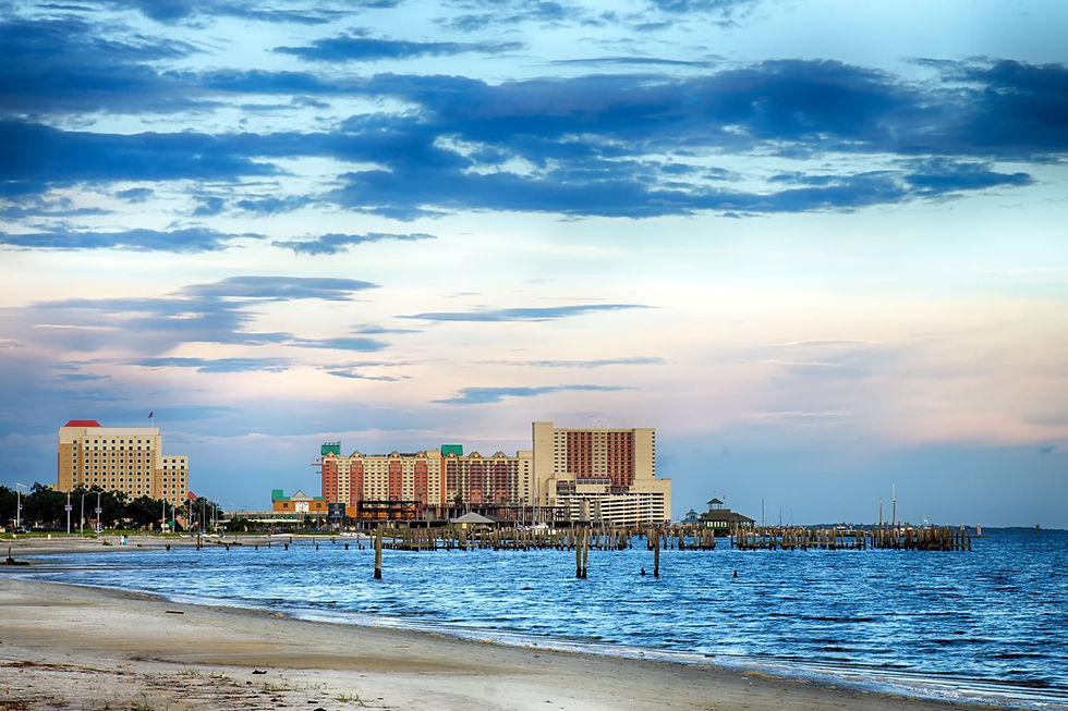 Biloxi, Mississippi beach at sunset, casinos visible