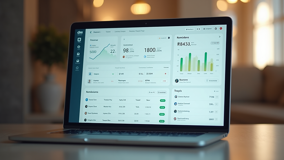 Eye-level view of laptop screen displaying financial dashboard with payment reminders