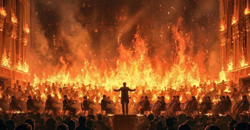 ilustração digital orquestao tocando em chamas, imagem em tom dramatico com alto contraste