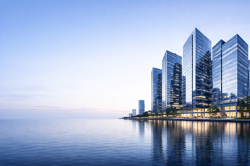 Twilight over glass office buildings.png