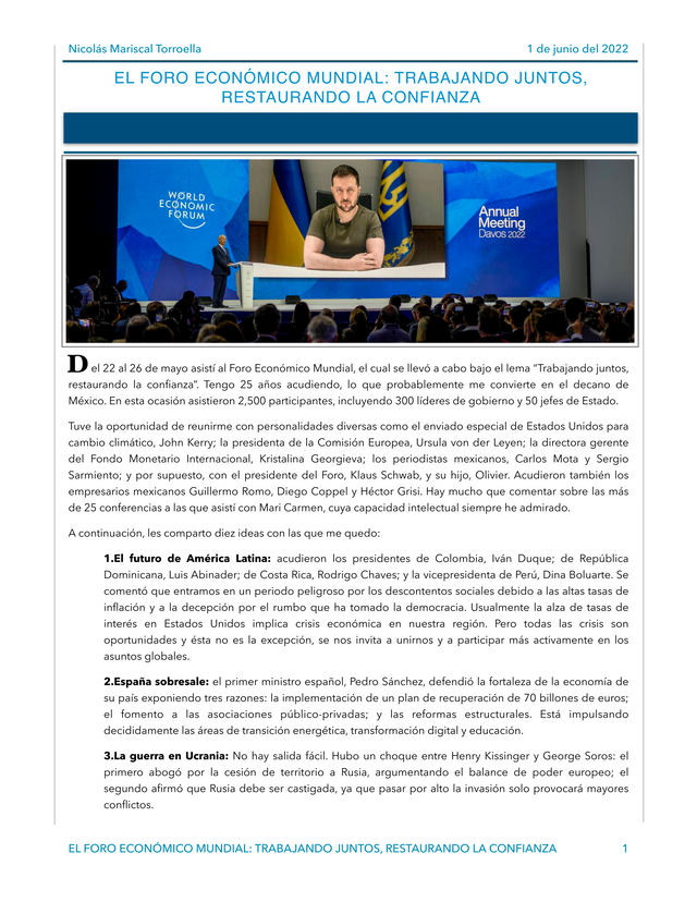 EL FORO ECONÓMICO MUNDIAL: TRABAJANDO JUNTOS, RESTAURANDO LA CONFIANZA