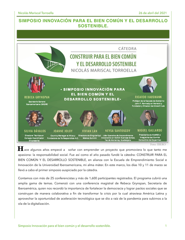 SIMPOSIO INNOVACIÓN PARA EL BIEN COMÚN Y EL DESARROLLOSOSTENIBLE.