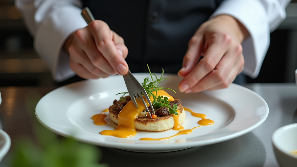 Close-up view of a chef’s hands delicately plating a multi-course meal