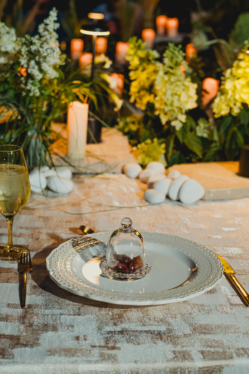 Elegant place setting for a private chef dinner party.