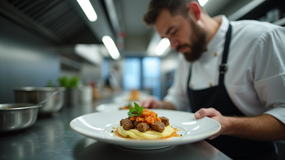 Eye-level view of a private chef plating an elegant dish in a modern kitchen